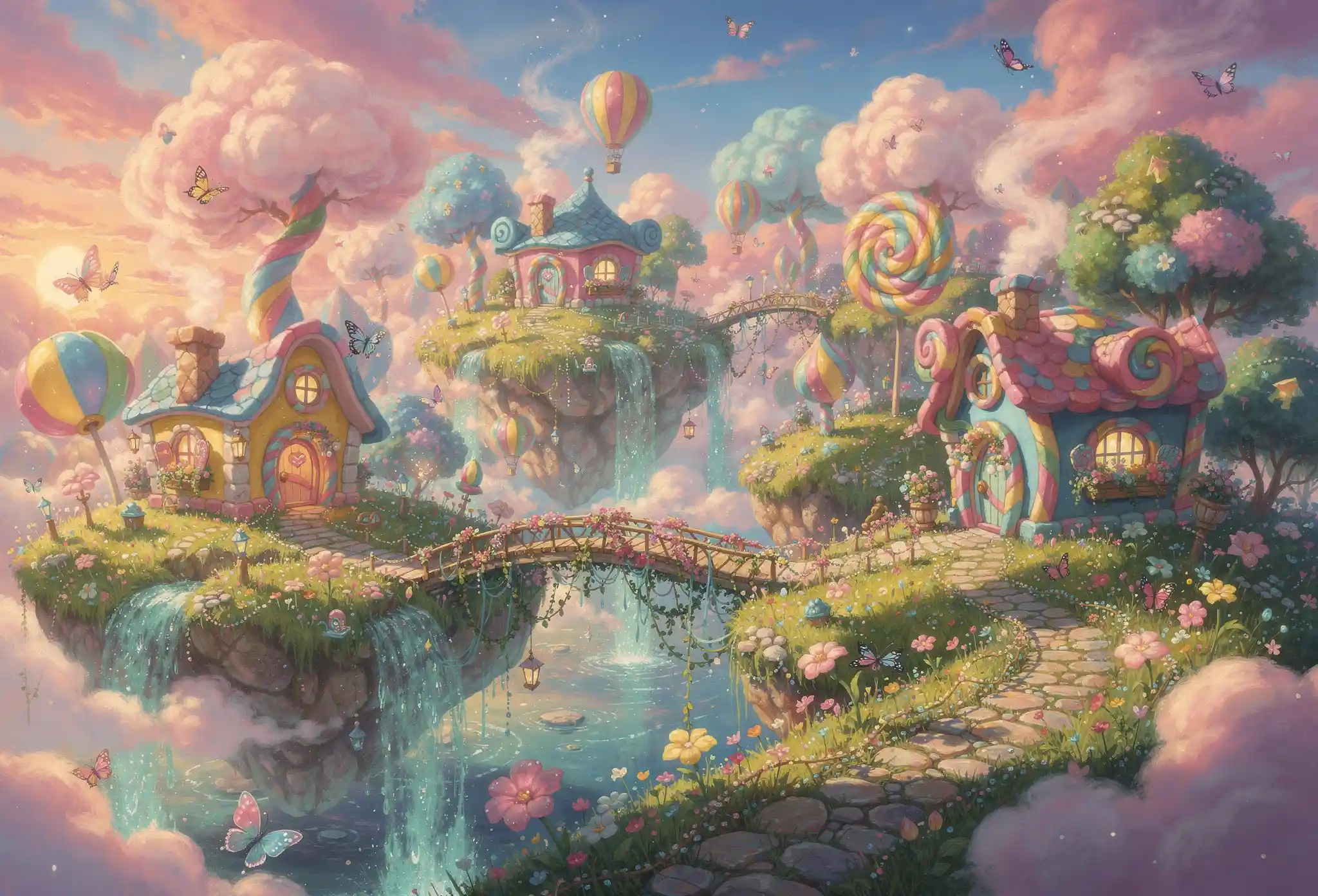 Whimsical floating meadows in a colorful fantasy sky