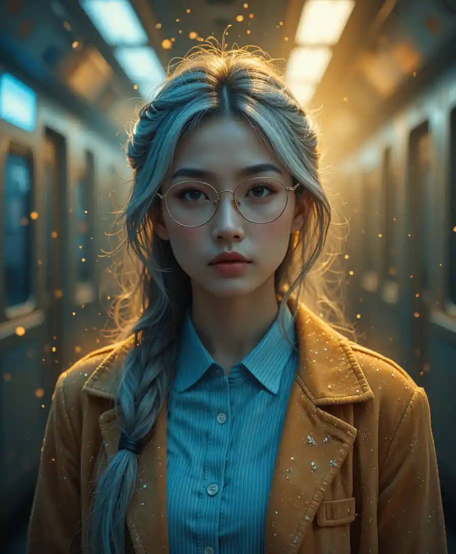 Silver haired woman in glasses glowing in hazy subway