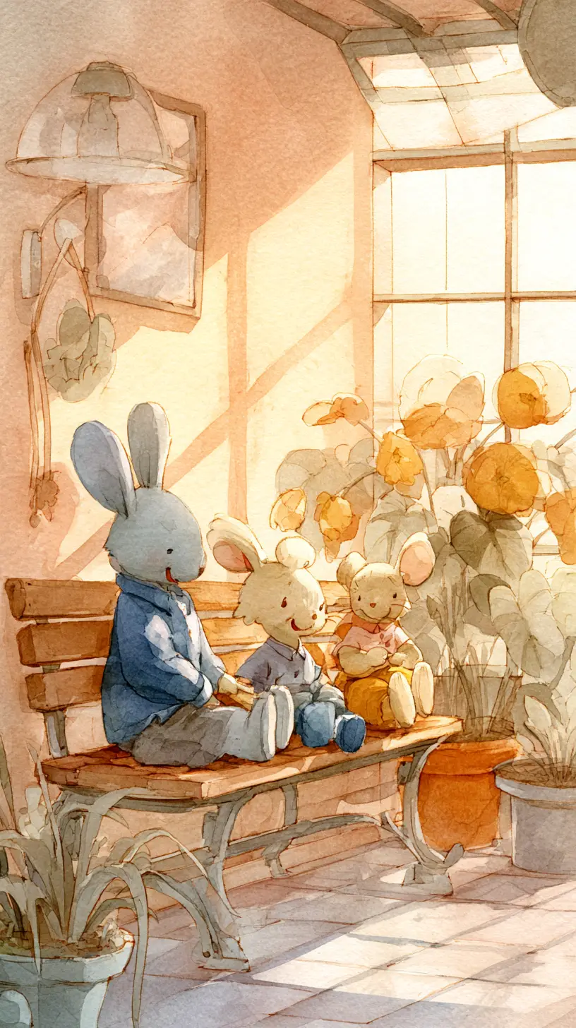 Easter rabbit family on a bench at sunset indoors