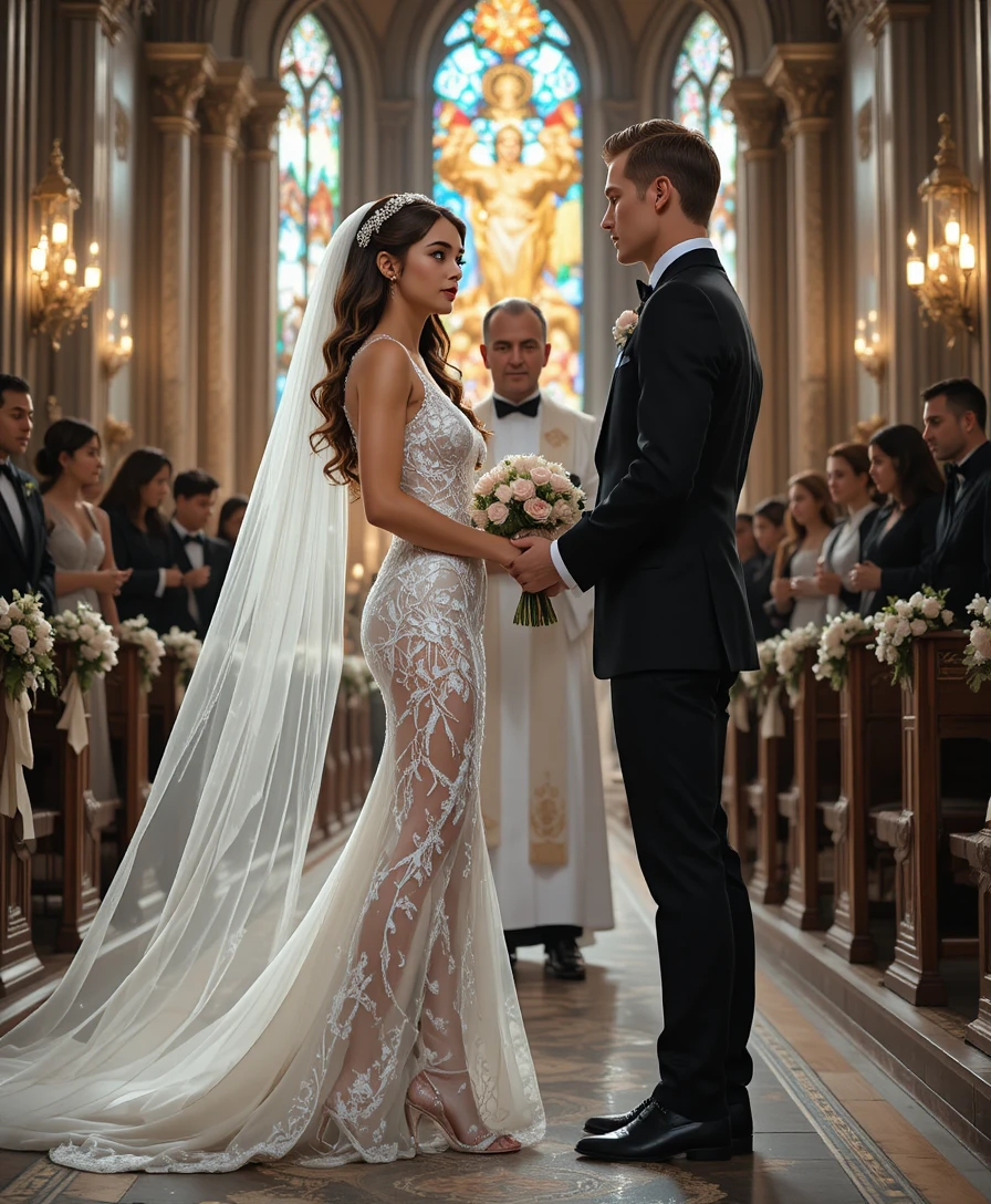Bride and groom standing at the altar in church