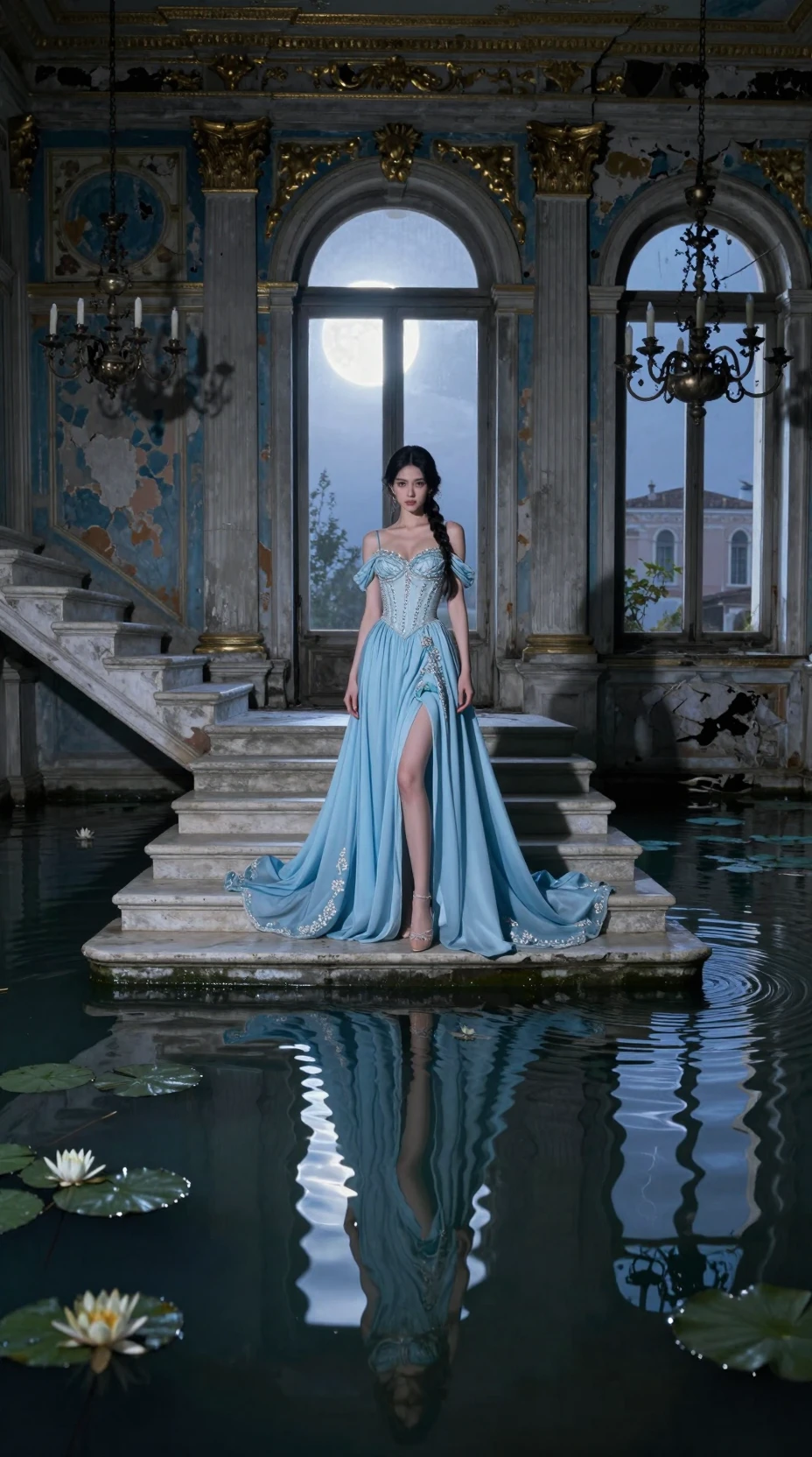 Elegant woman on flooded stone steps in moonlit ballroom