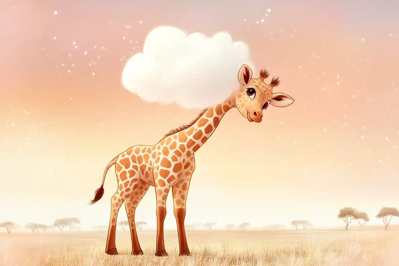 Baby giraffe kissing a fluffy cloud at pastel dawn