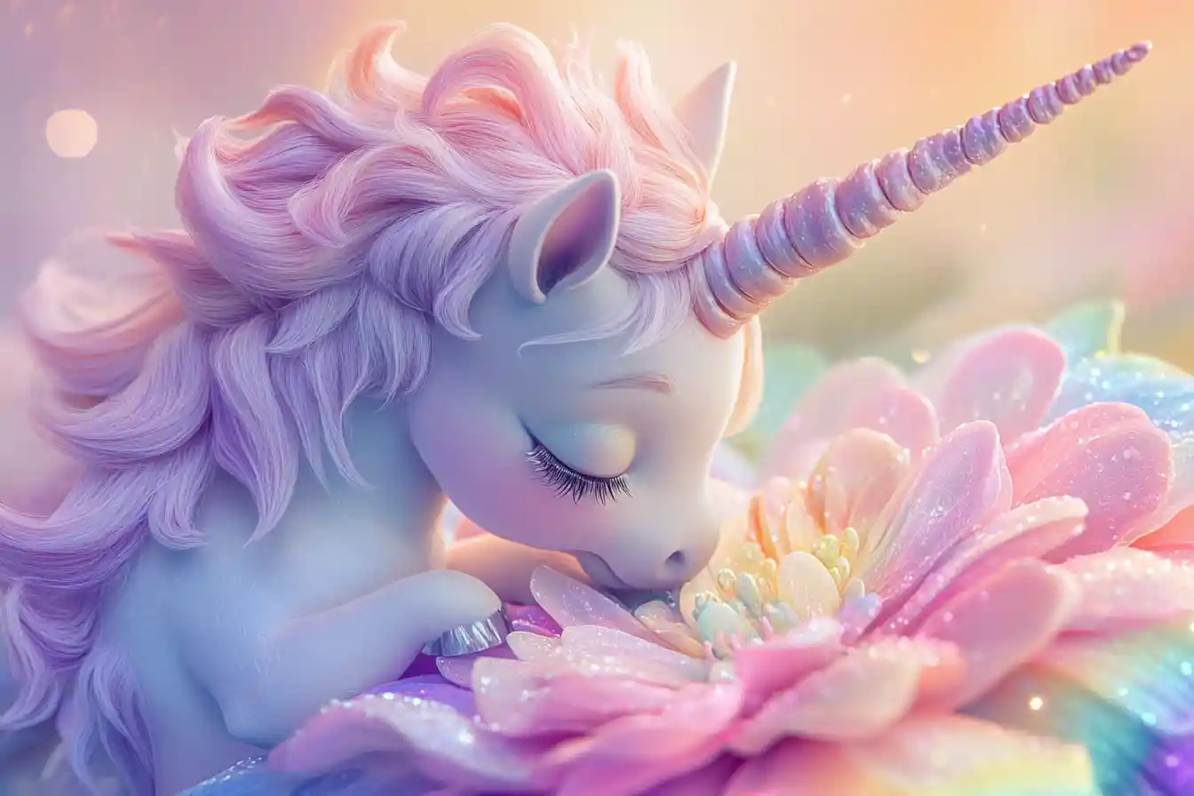 Baby Unicorn Nuzzling A Rainbow Flower At Dawn