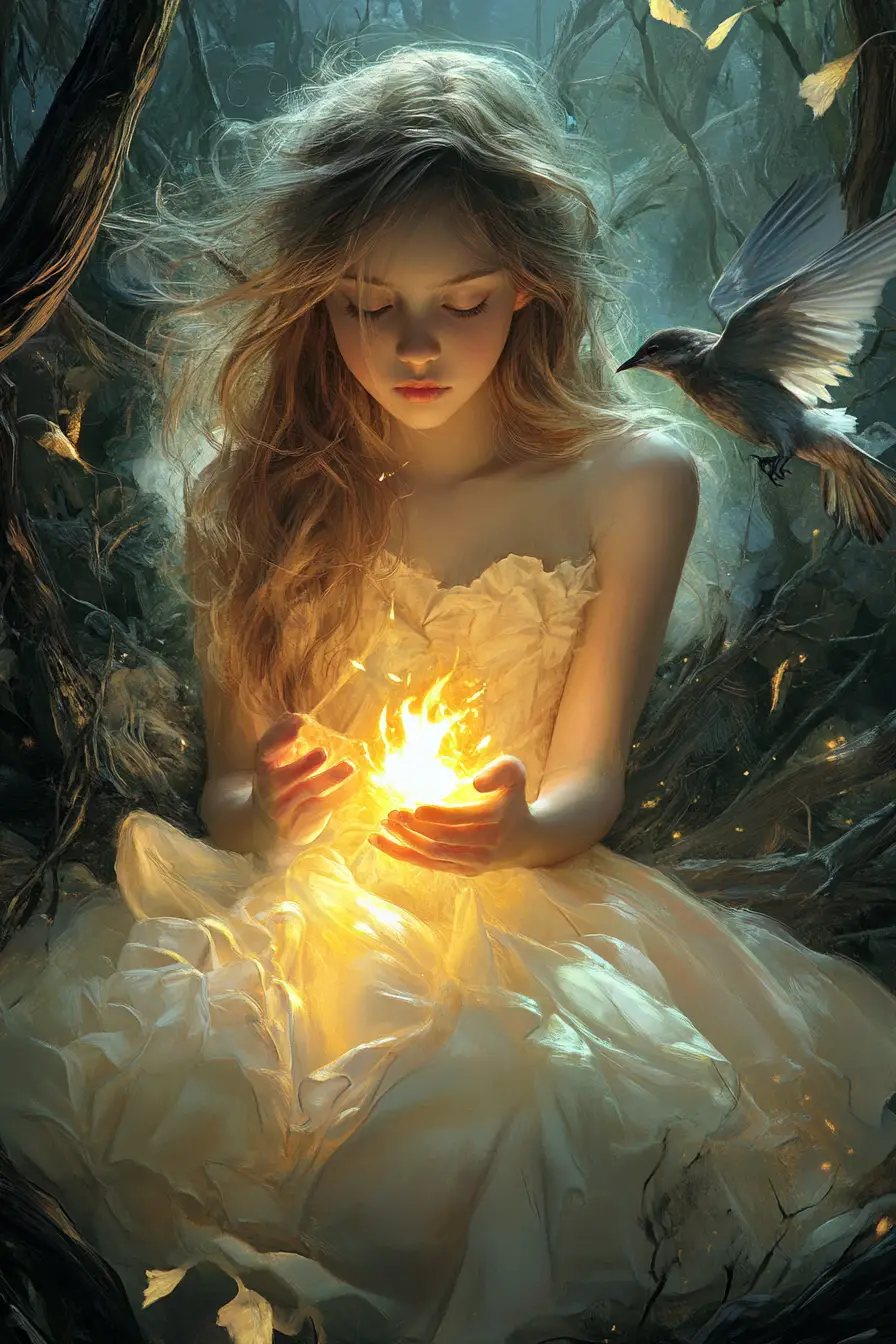 Young girl holding a glowing flame in the forest