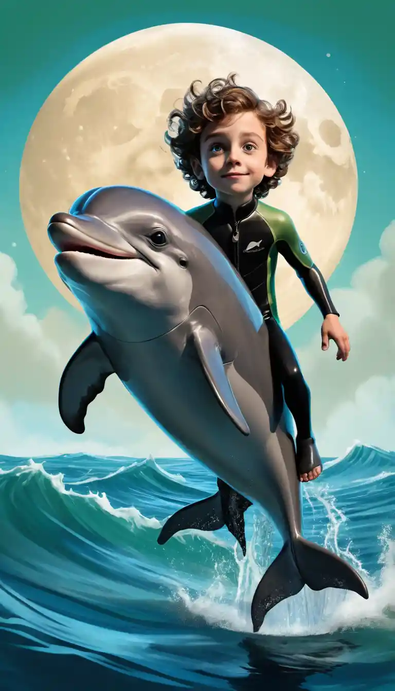 Giovane ragazzo che cavalca un delfino in salto sotto una luna blu