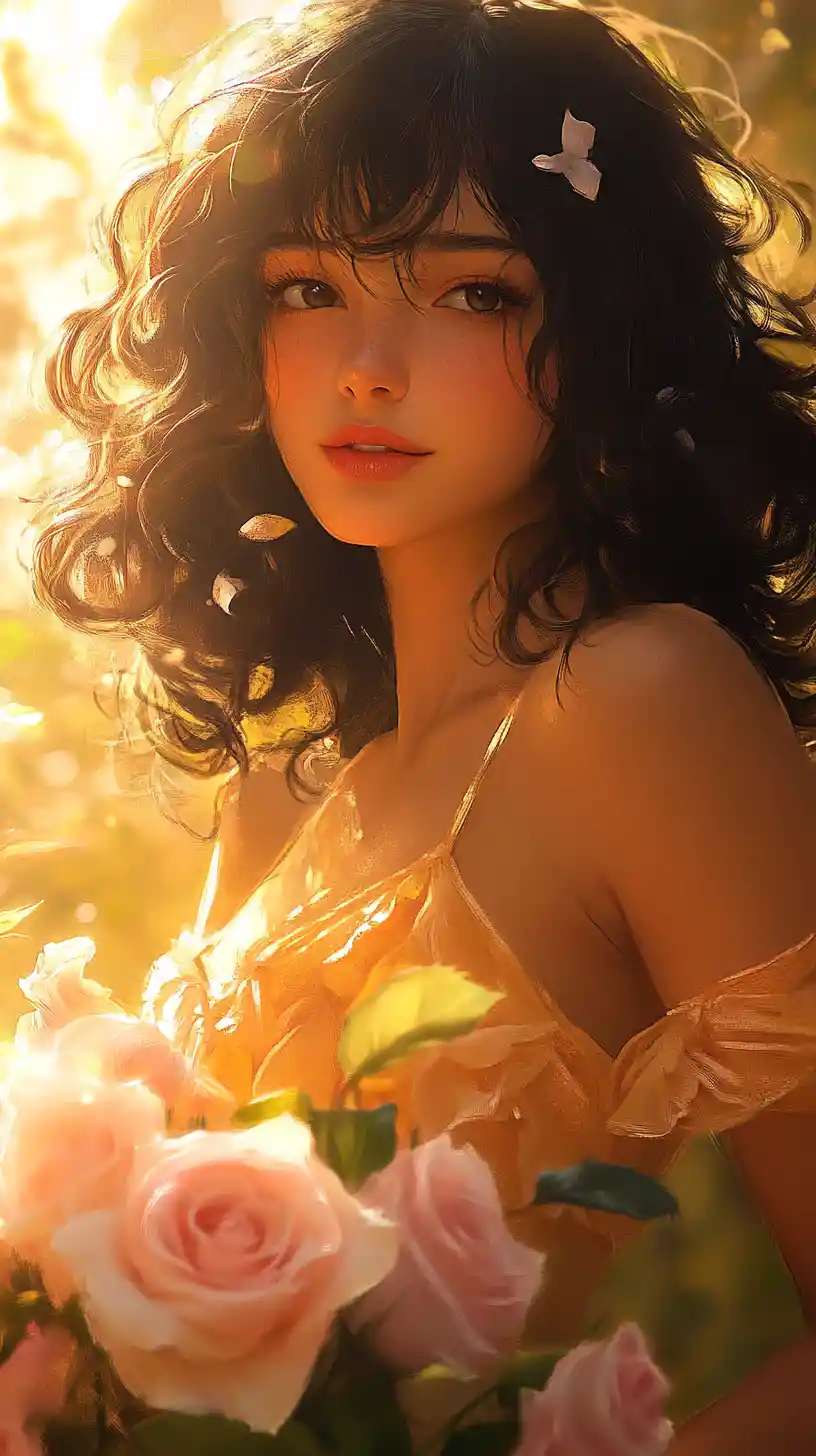 Anime girl in golden dress holding pink roses
