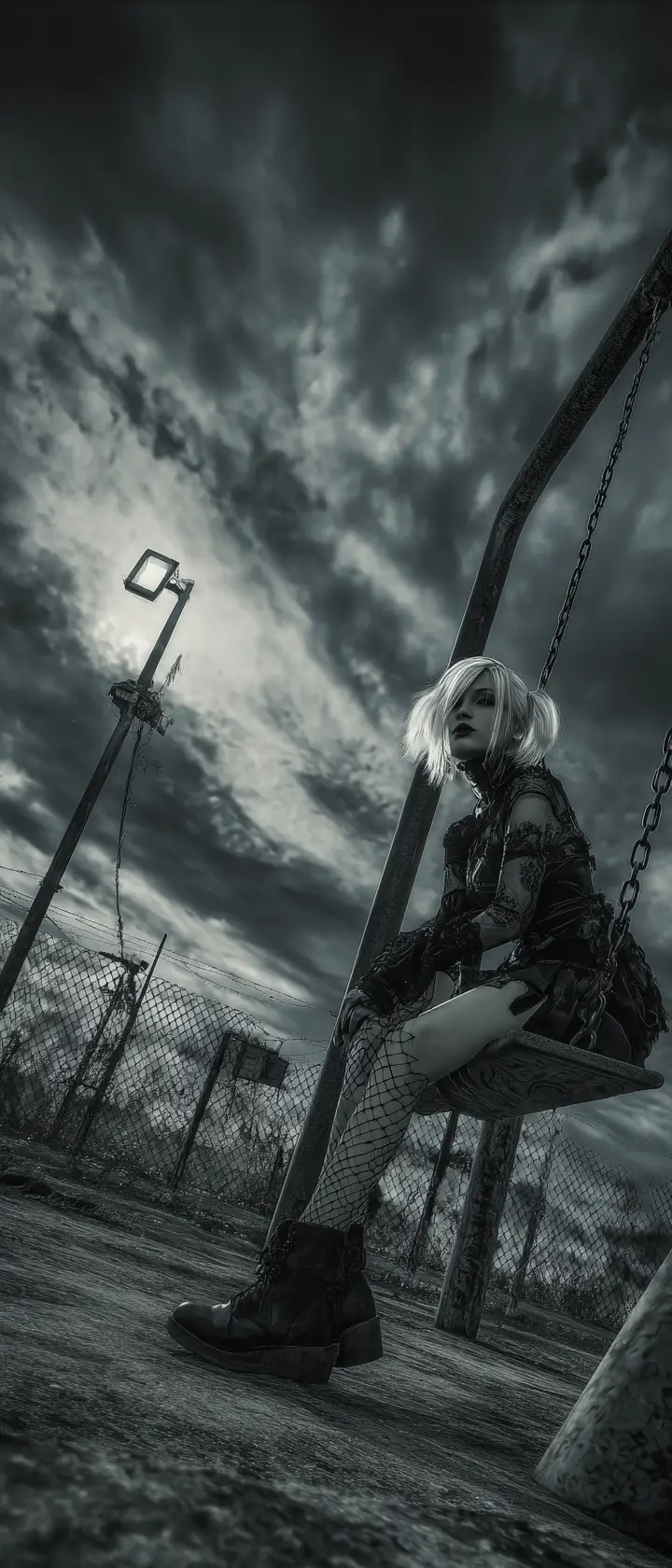 Gothic-Frau auf einer alten Schaukel auf einem städtischen Spielplatz