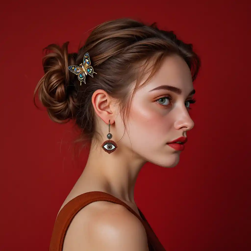 Retrato de perfil de uma jovem mulher contra fundo vermelho