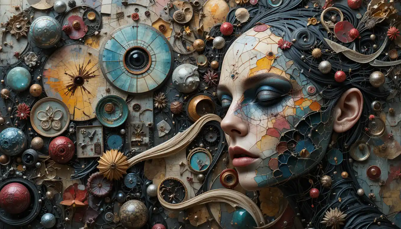 Surreal glass like abstract collage with vivid chaotic textures