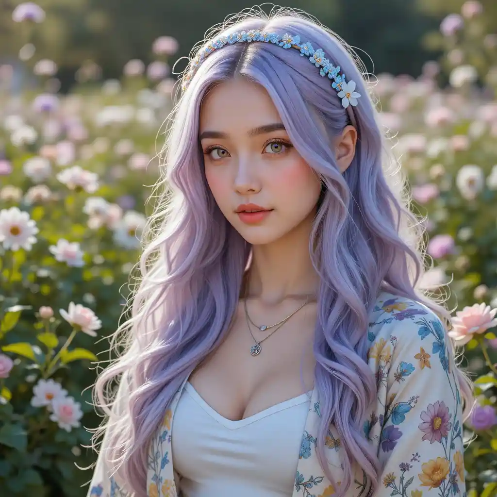 Lavender haired girl in a sunlit floral garden