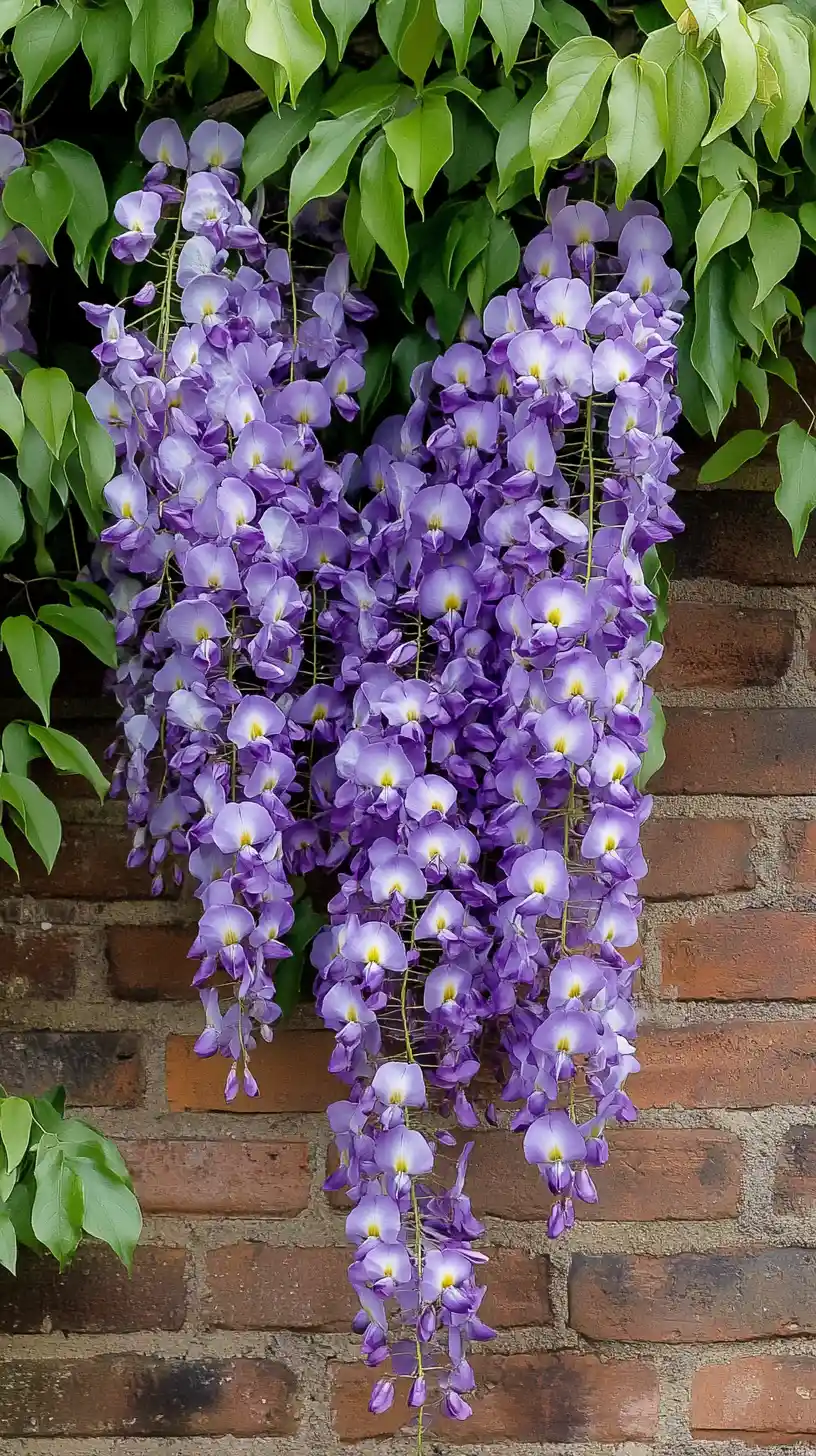 Purple clematis and wisteria against an old brick wall