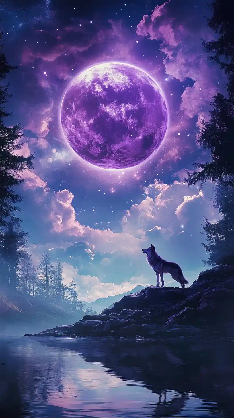 Lone wolf beneath a luminous violet moonlit sky