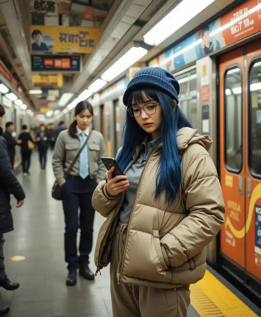 Joven en andén de metro concurrido usando su smartphone