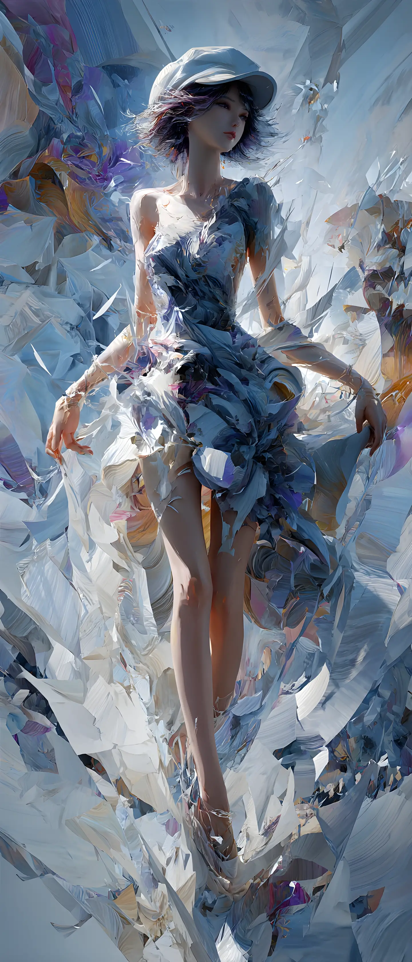 Ethereal maiden emerging from a shattered swirling canvas