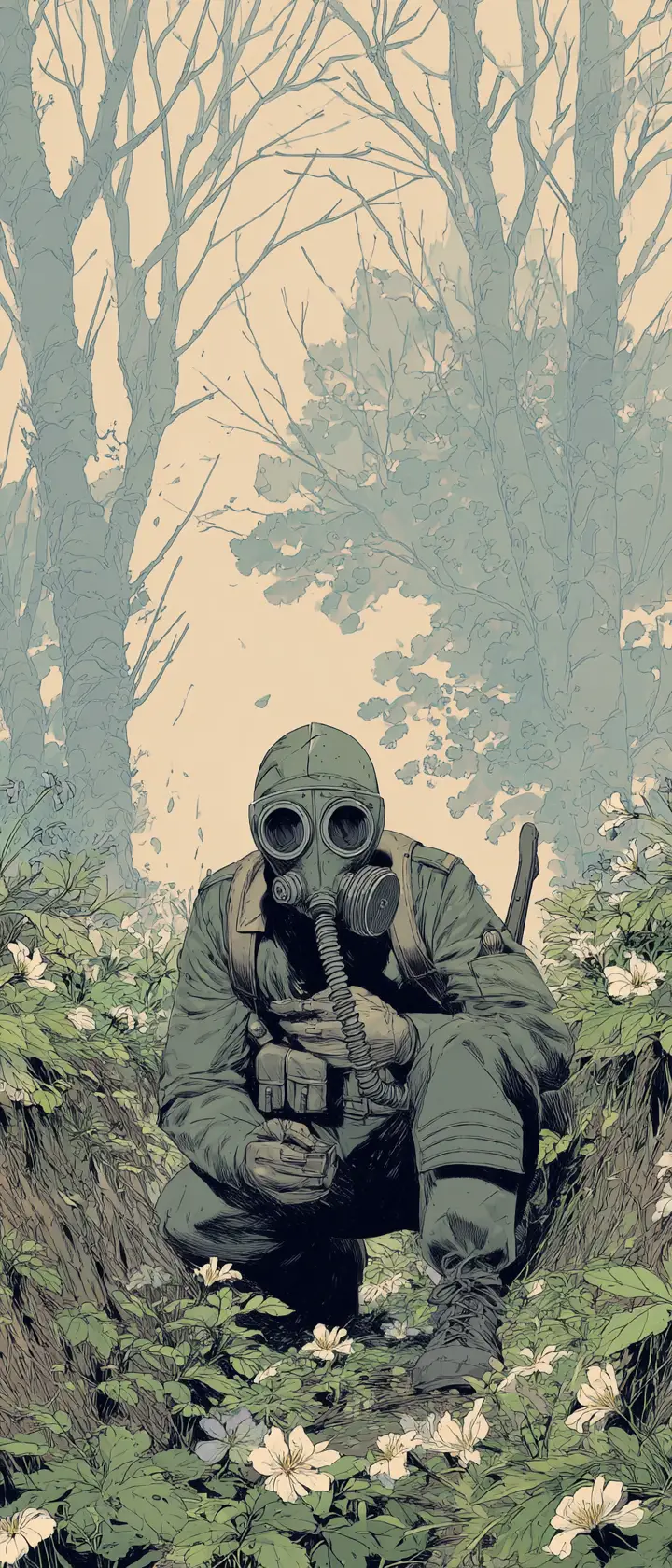 Anime soldier kneeling in a shattered war trench