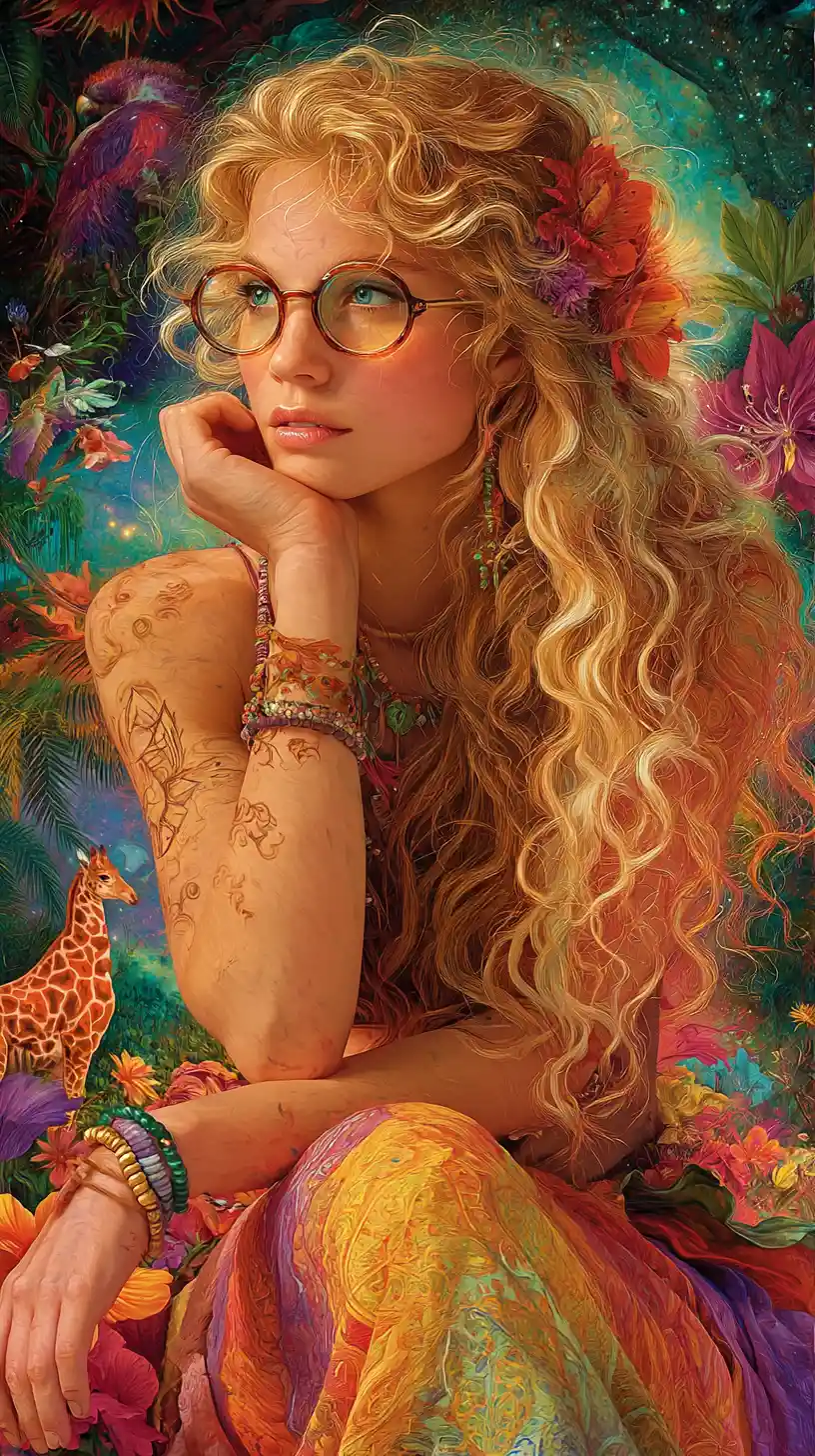 Joyful hippie mermaid woman in a lush tropical fantasy