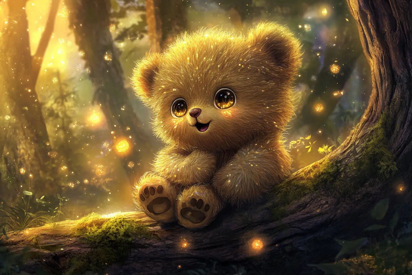 Cute Baby Bear On Glowing Log In Enchanted Forest