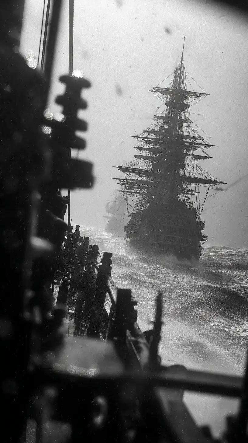 Warship Battles Through Stormy Sea Under Heavy Cannon Fire