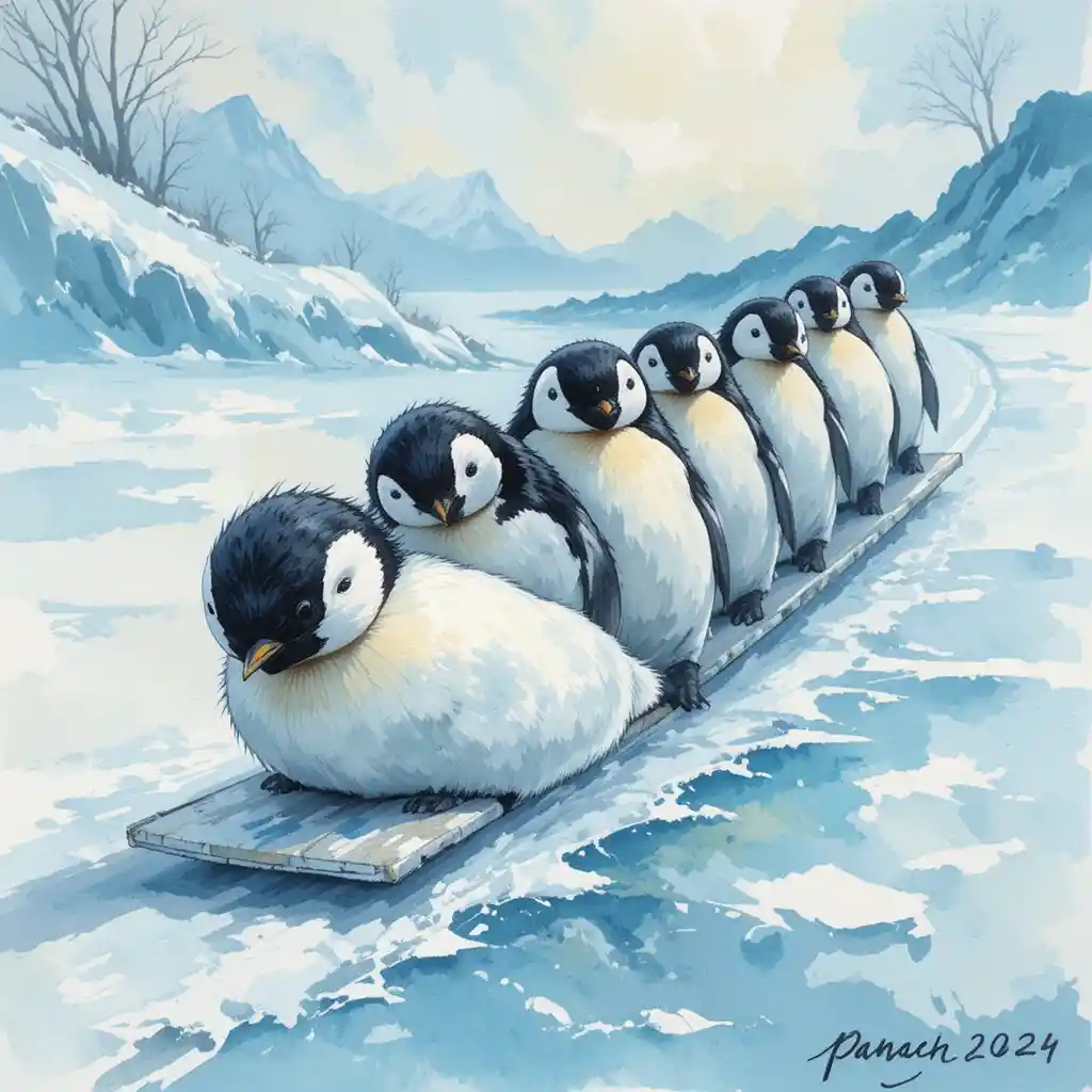 Playful penguins sliding together across a snowy icy slope