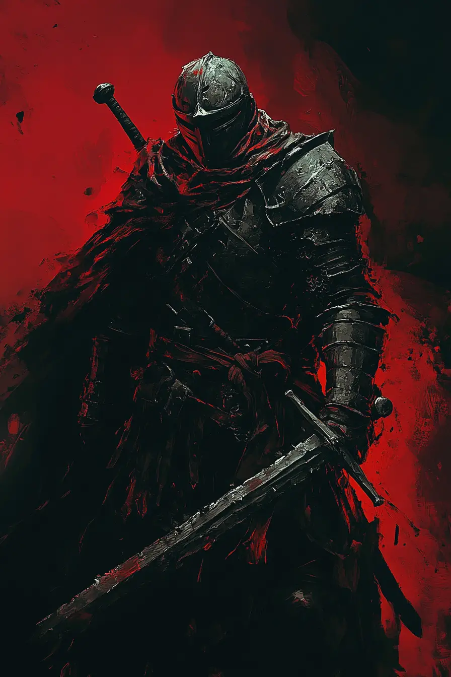 Broken armored warrior walking alone into the dark night