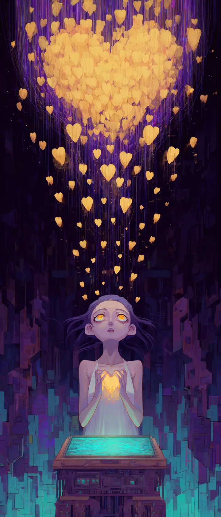 Heartbroken anime tech priest woman at failing machine altar