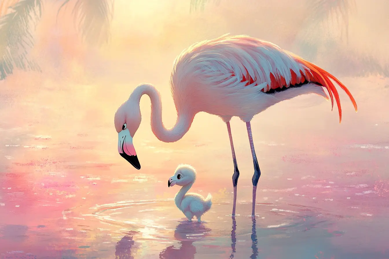 Baby Flamingo Chick Sheltered Beneath Mother At Dawn