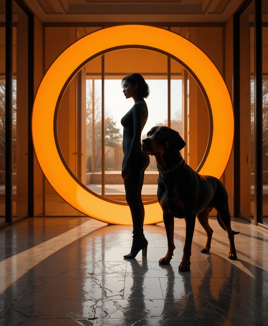 Elegant woman with rottweiler in modern villa study