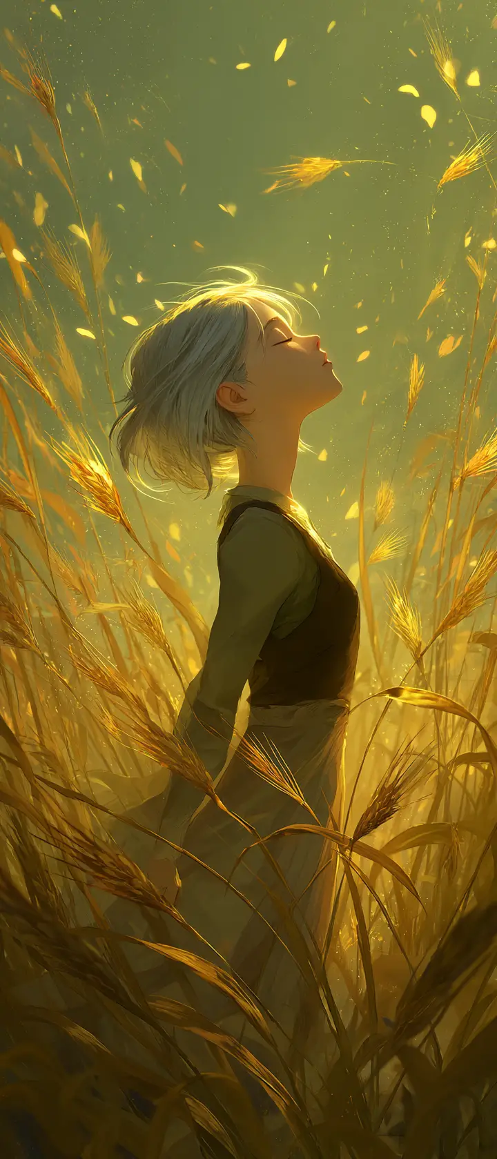 Silver haired anime girl standing in a glowing wheat field