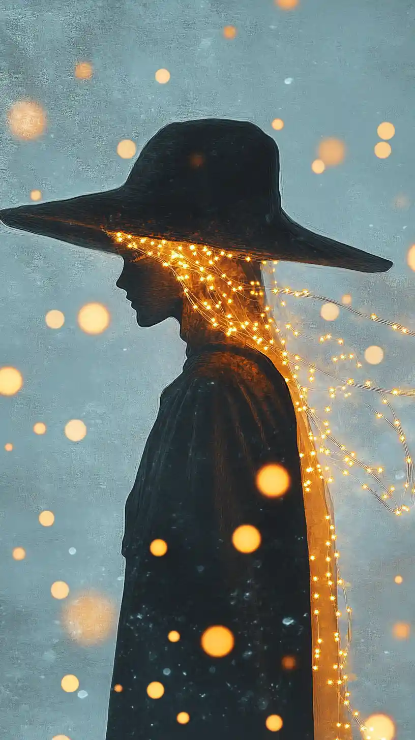 Mysterious Figure In Wide Brim Hat With Glowing Lights