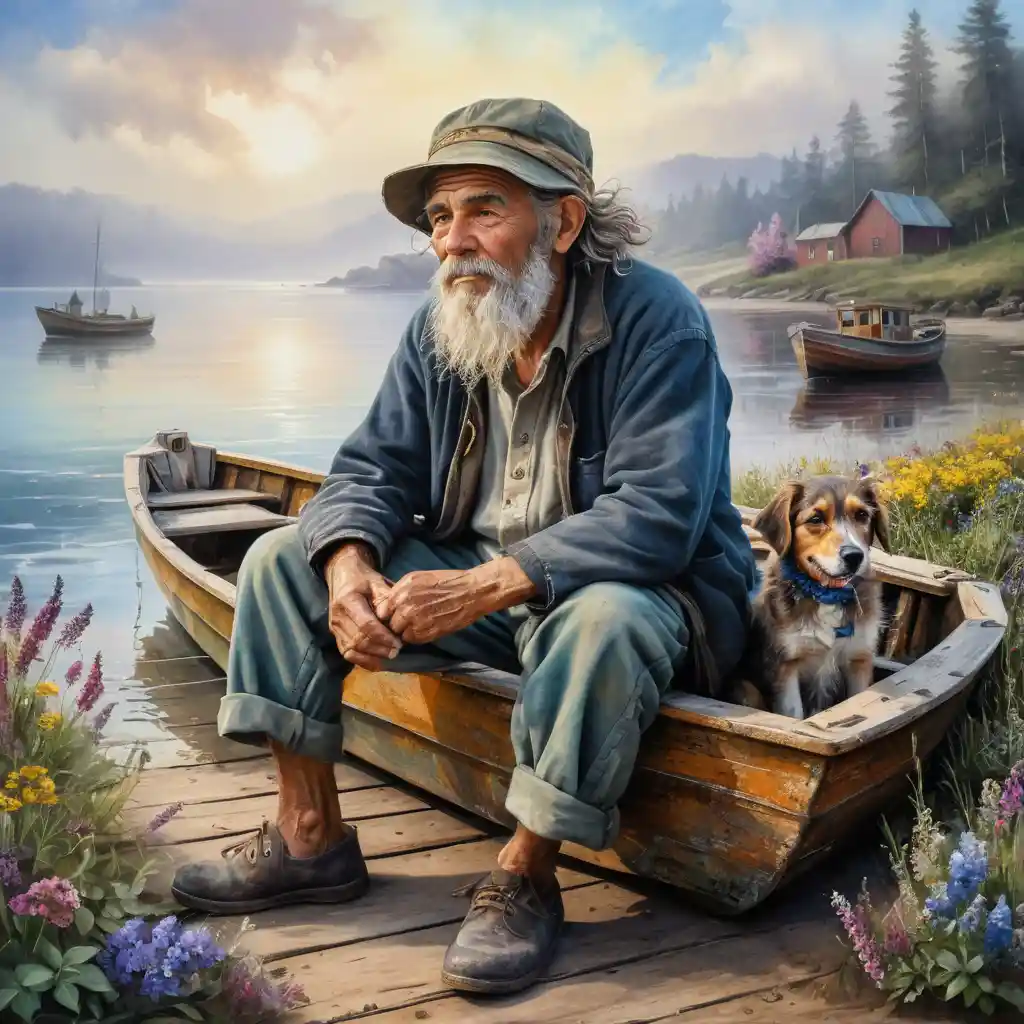 Old fisherman on a weathered boat with dog by shore