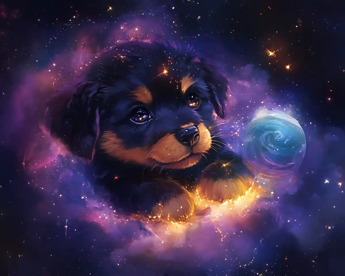Fluffy chibi rottweiler puppy floating in cosmic space