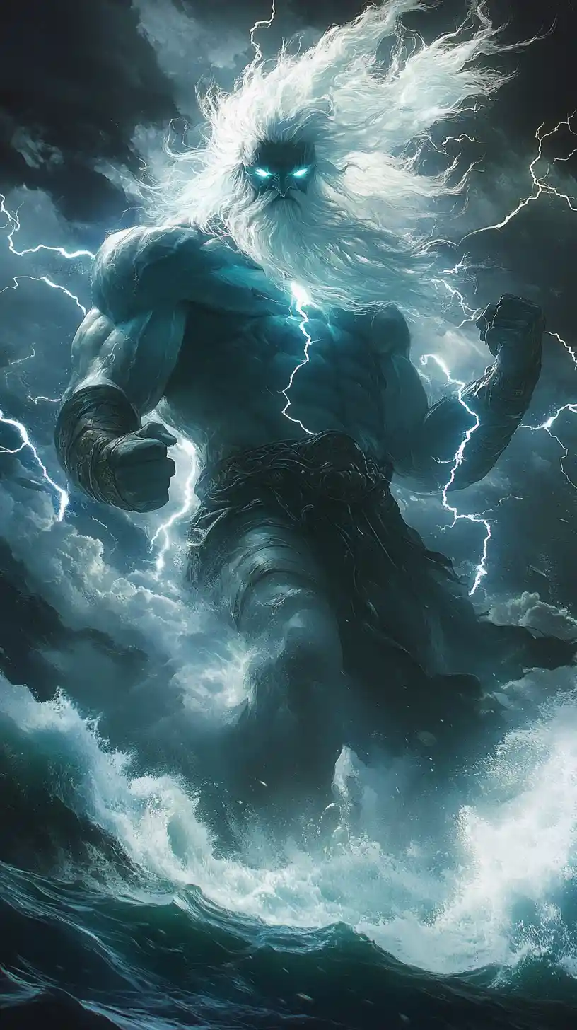 Colossal Titan Wielding Lightning Above Stormy Ocean