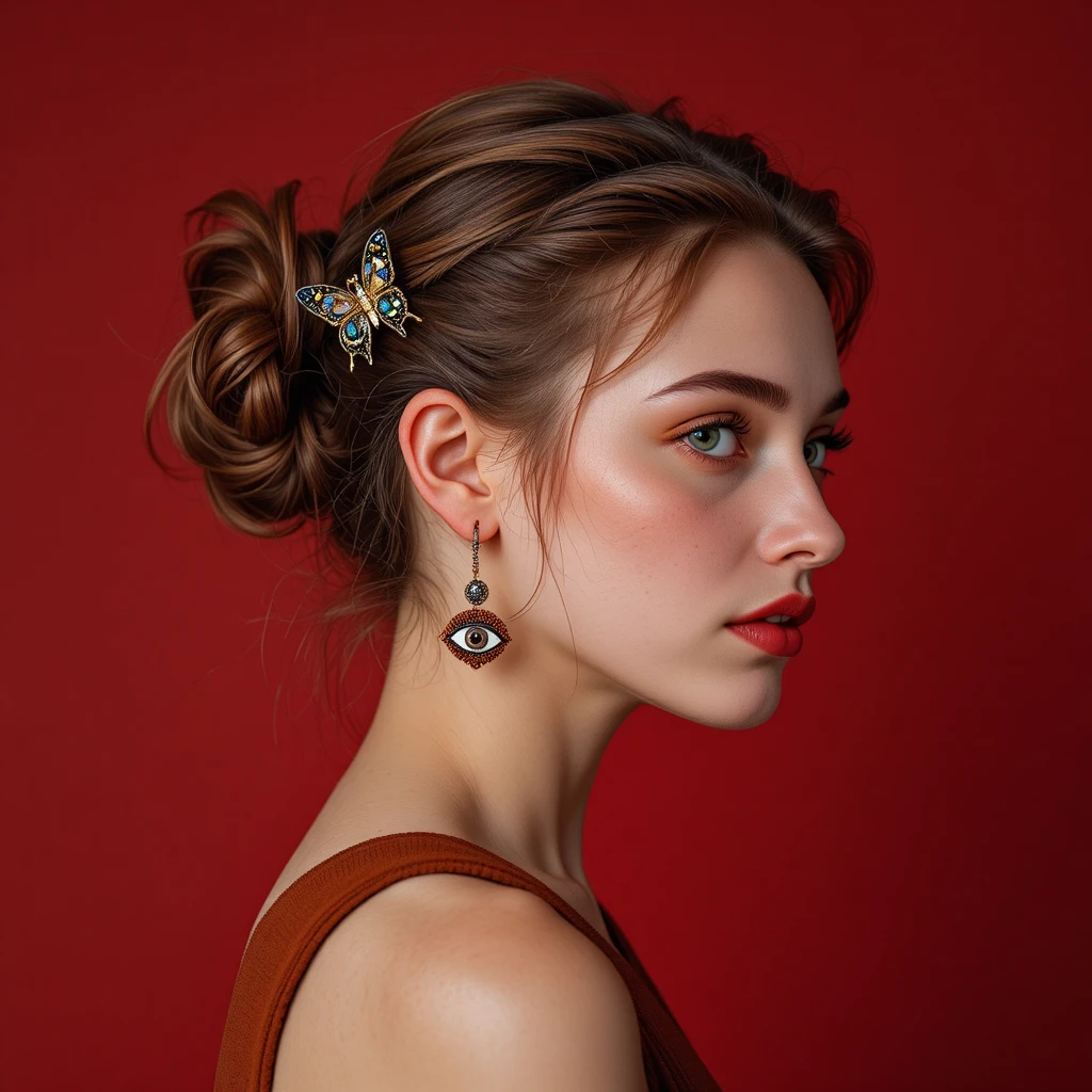 Retrato de perfil de una mujer joven sobre fondo rojo