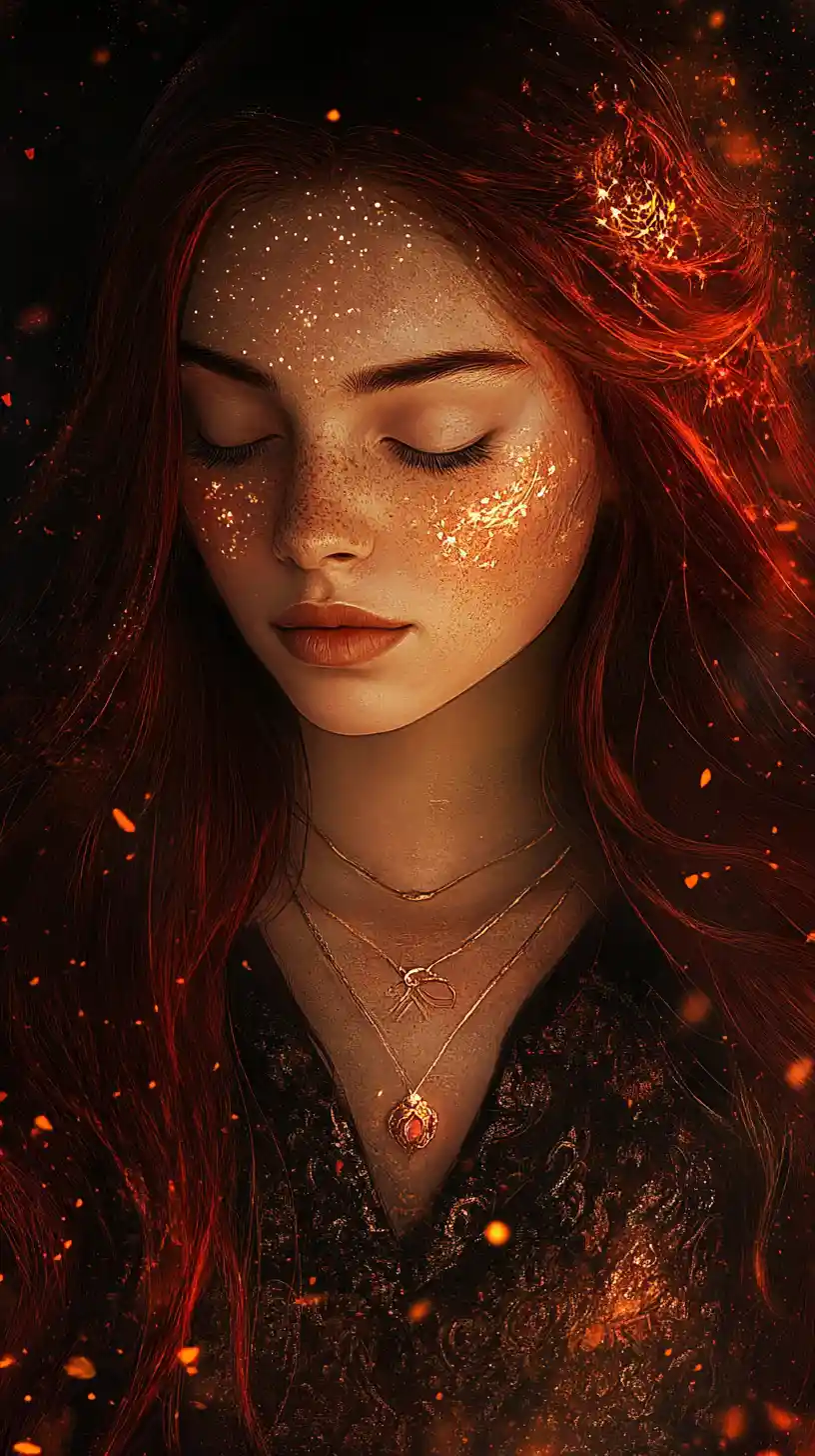 Mystical woman with ornate tattoos in golden dramatic light