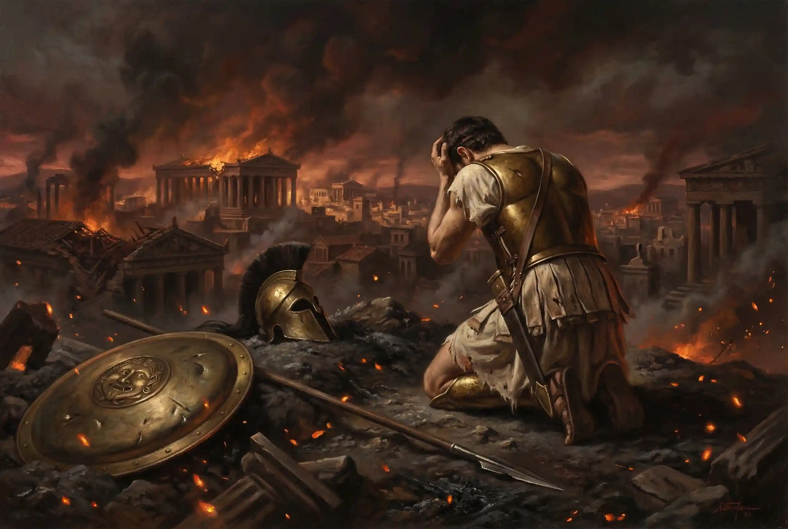 Grieving Greek warrior kneels before his burning ruined city