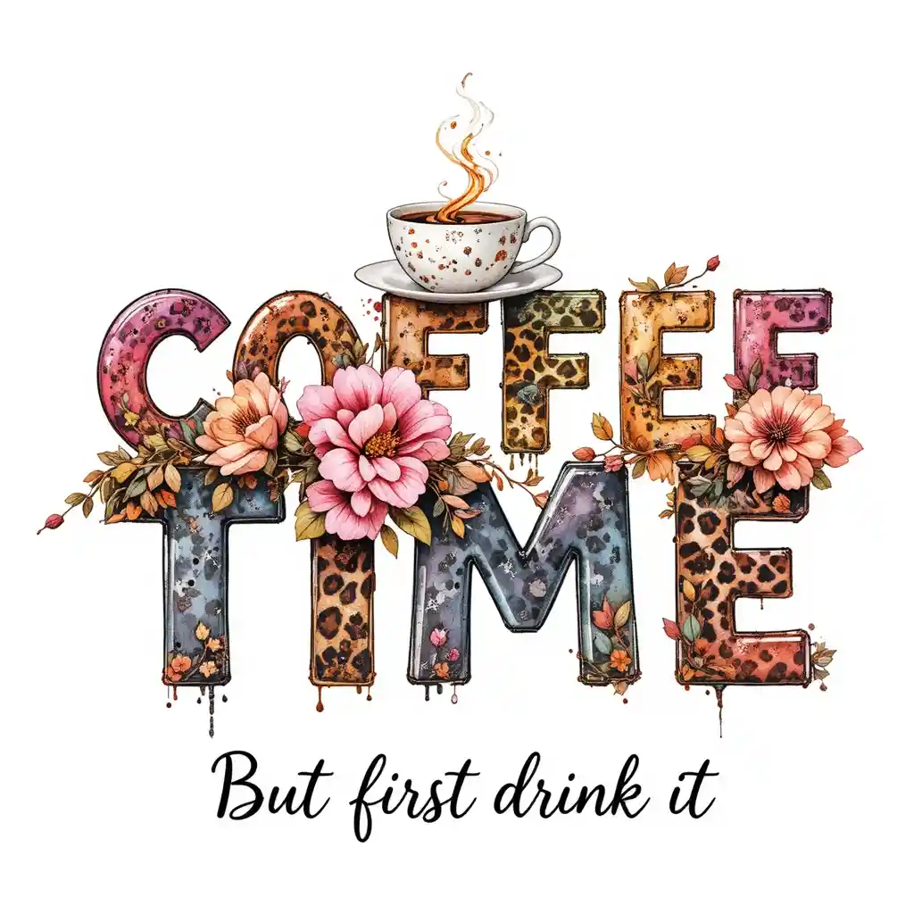 레오파드 패턴과 커피 튀김이 더해진 수채화 Coffee Time 레터링