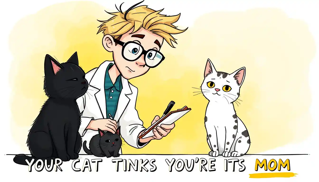 Cartoon scientist studying two expressive cats in a lab