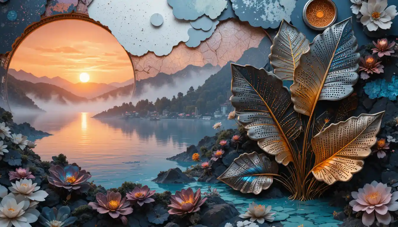 Aerial view of a glowing tropical lake at sunset