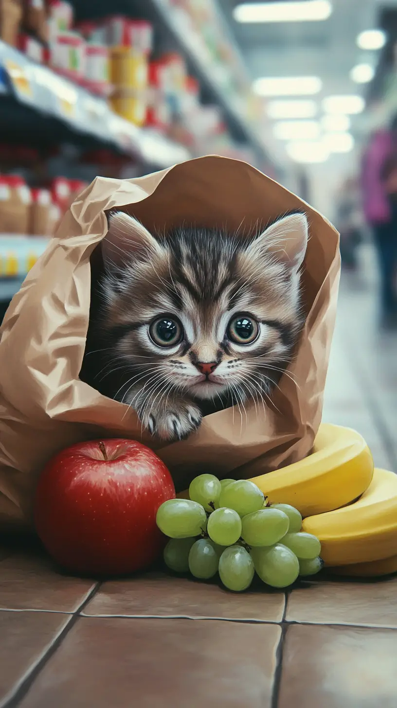 Curious kitten peeking from bag in a supermarket aisle