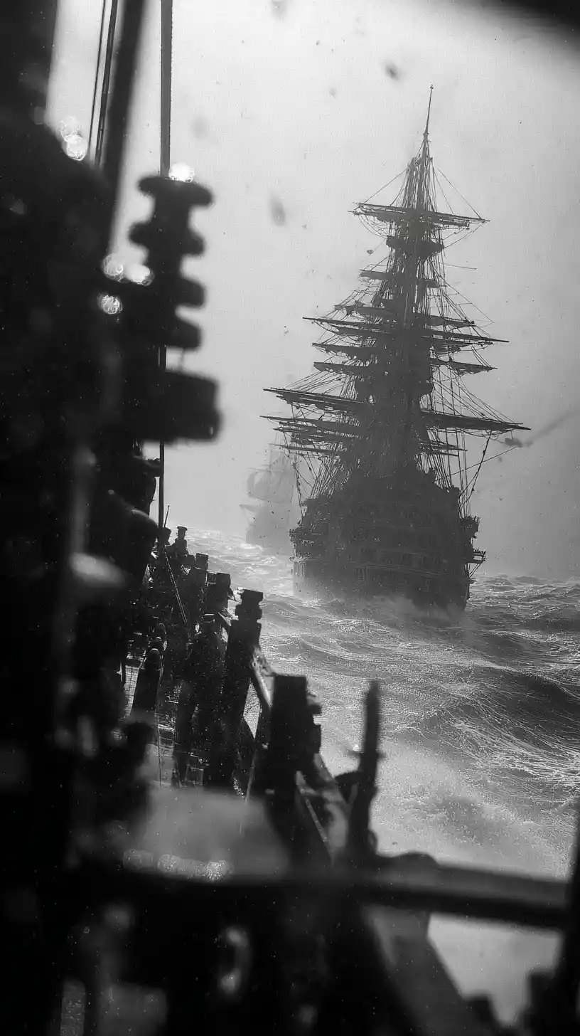 Kriegsschiff kämpft durch stürmische See unter schwerem Kanonenfeuer