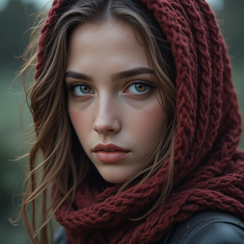 Giovane donna con sciarpa rossa e sguardo pensieroso dagli occhi color nocciola