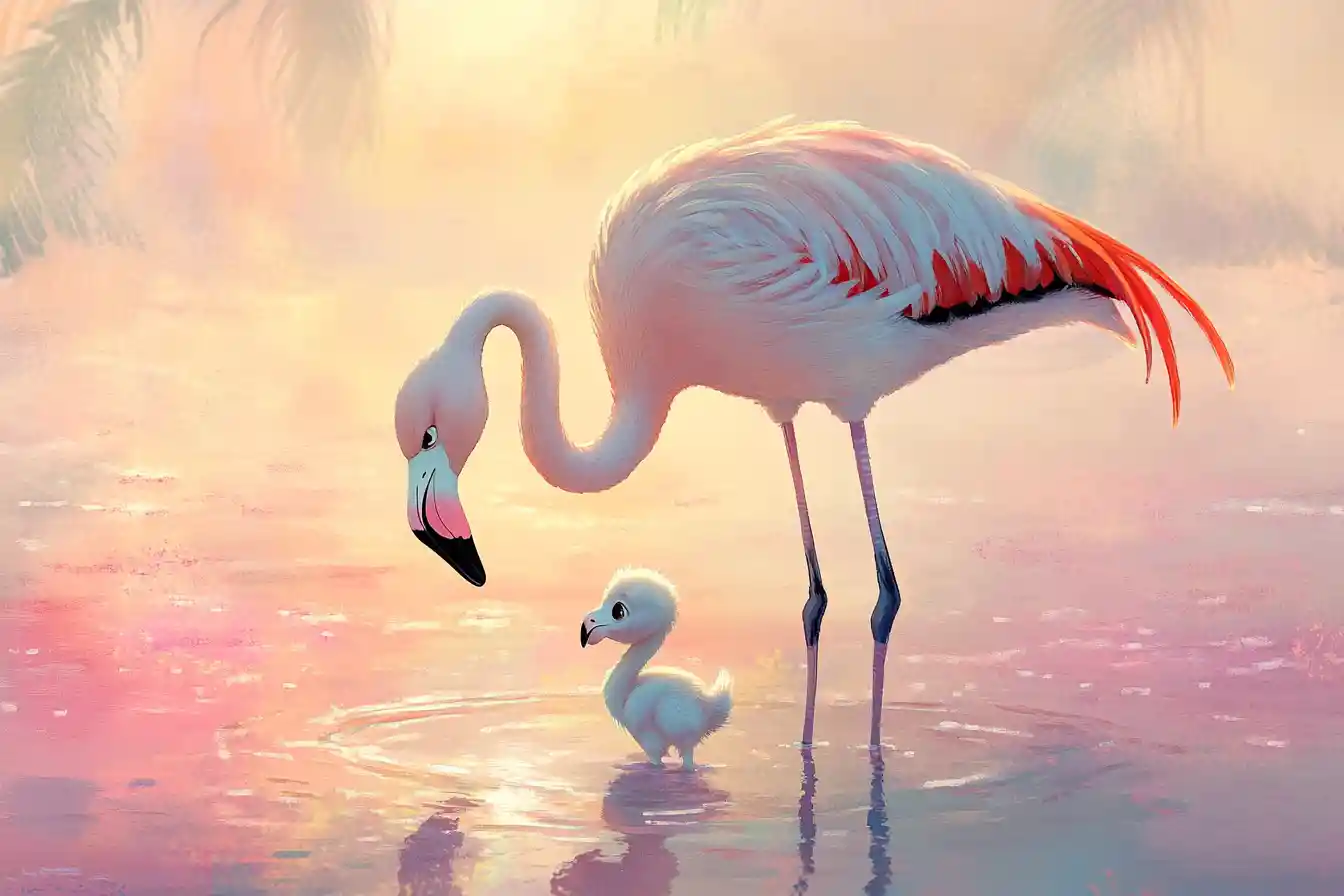 Baby Flamingo Chick Sheltered Beneath Mother At Dawn