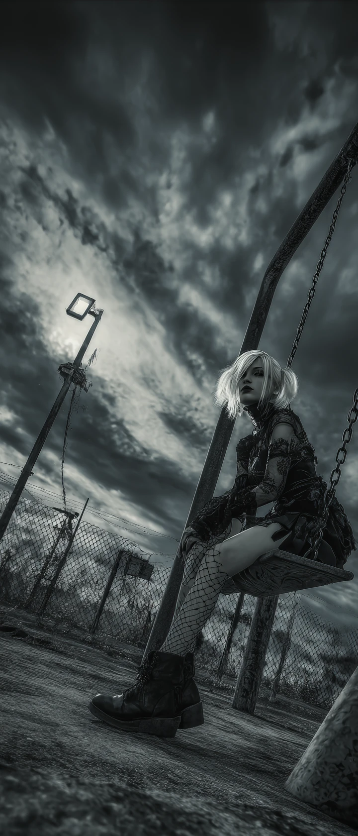 Gothic-Frau auf einer alten Schaukel auf einem städtischen Spielplatz