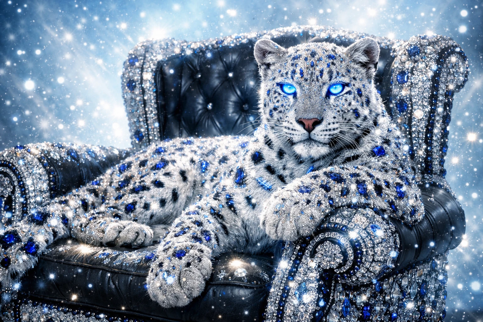 Leopardo branco em poltrona cravejada de joias em cena celestial luminosa