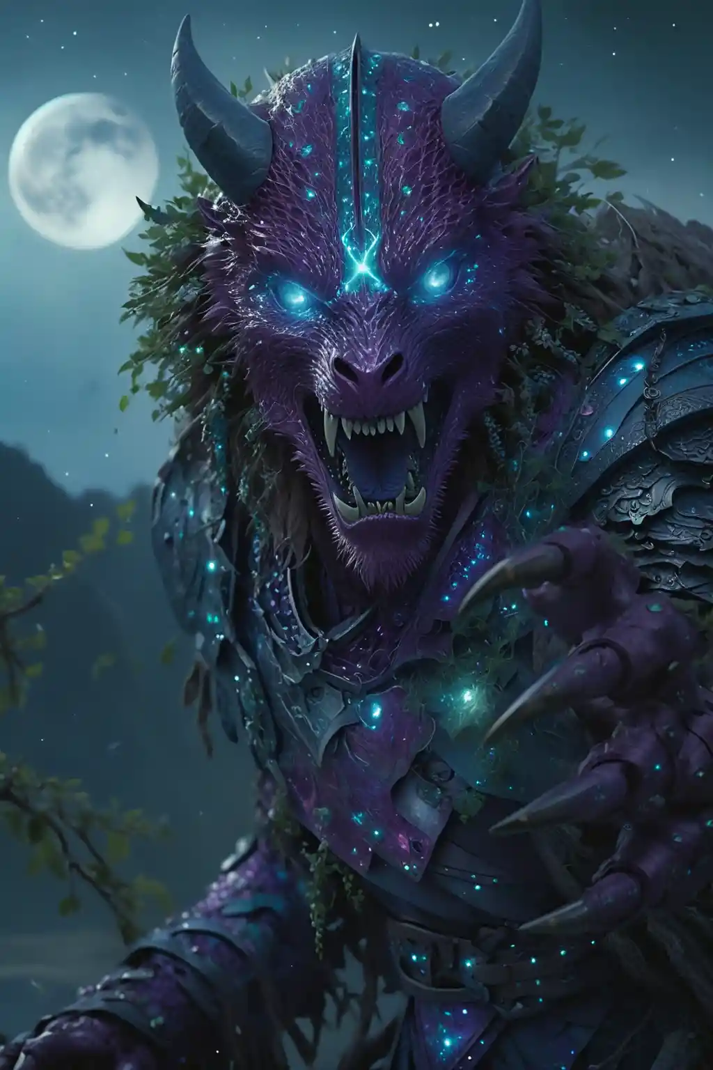 Crystal android druid absorbing moonlight on ancient ziggurat