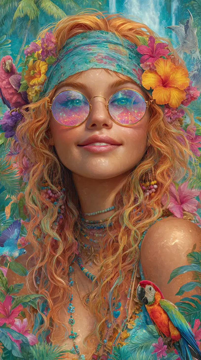 Joyful hippie mermaid with flowers in hair in tropical jungle