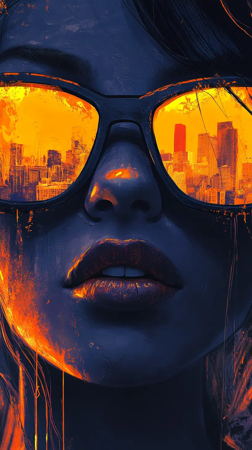 Woman in futuristic sunglasses with glowing city reflections