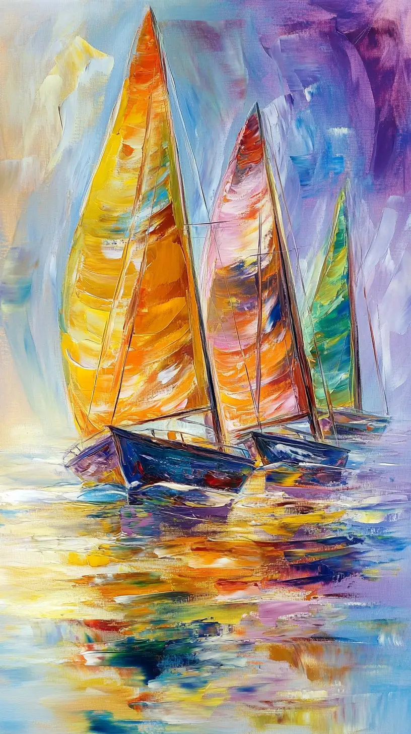 Impressionist sailboats painting with colorful textured water