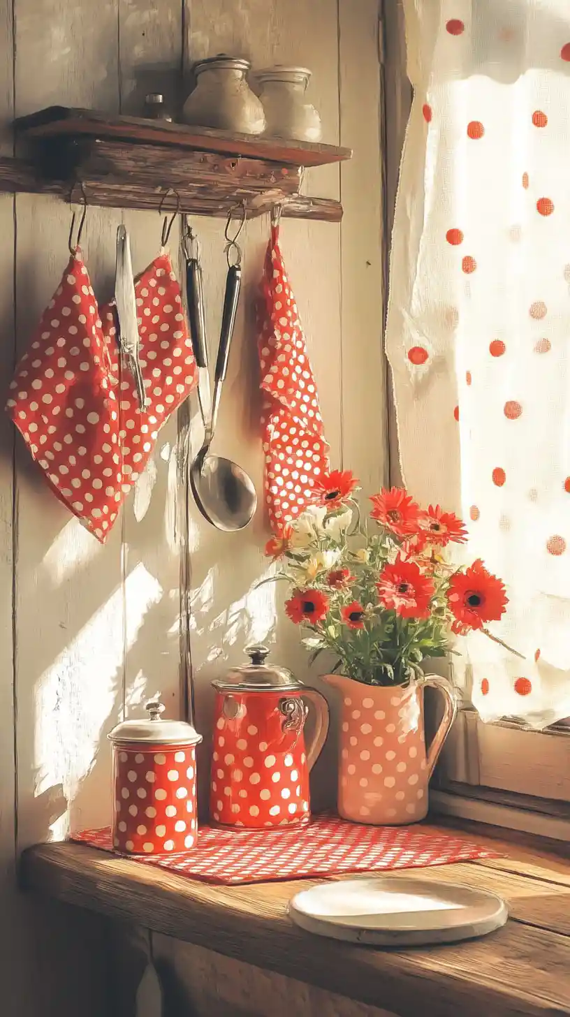 Vintage red kitchen utensils on a rustic wooden shelf
