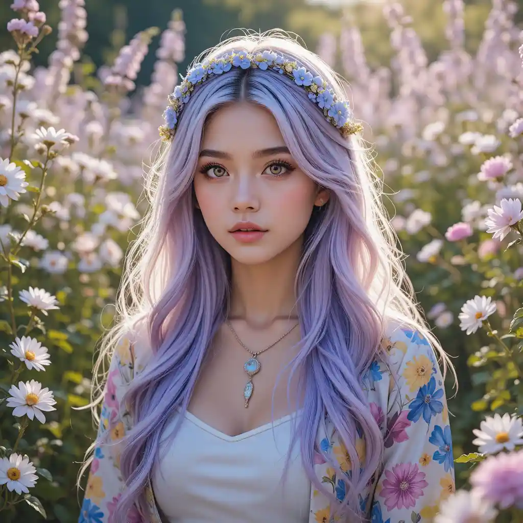 Ragazza dai capelli color lavanda in un giardino fiorito illuminato dal sole
